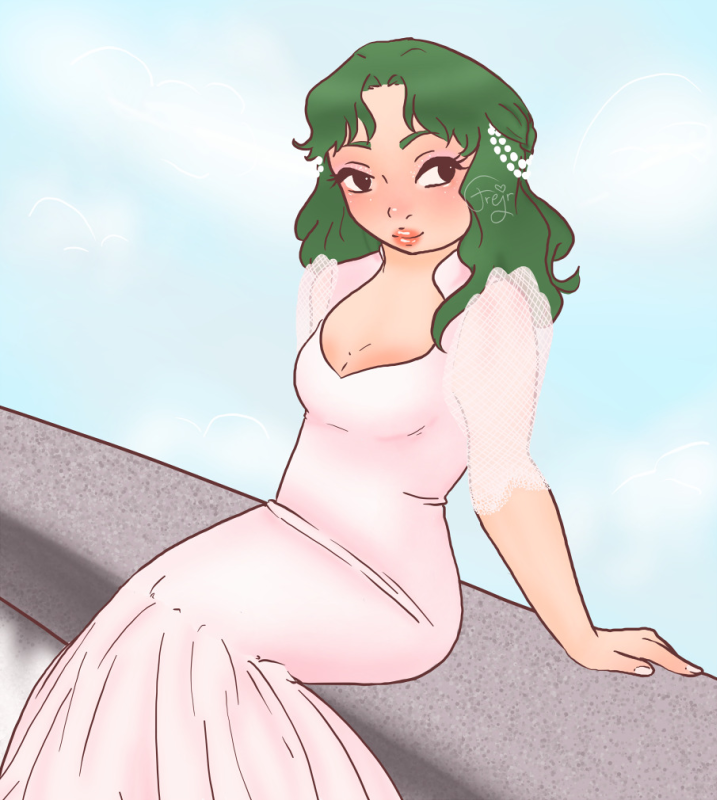 Michiru/Sailor Neptune from Sailor Moon wearing a tight weddingdress that flares out right abouve the knee. She's sitting on a stone wall.