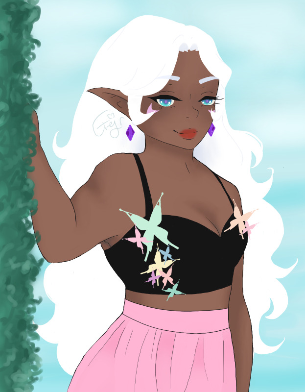 Allura from Voltron (2016) with one hand against a hedge. She's wearing a black croptop with butterflies and a pink skirt.