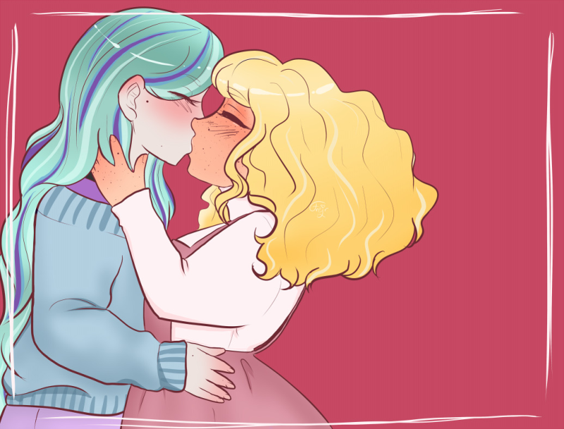 Crystal Winter and Bondie Locks from Ever After High, kissing, Blondie's  hands in Crystal's hair, Crystal's on Blondie's hips. Crystal is wearing a blue stweater, Blondie is wearing a pink dress over a white turtleneck sweater.