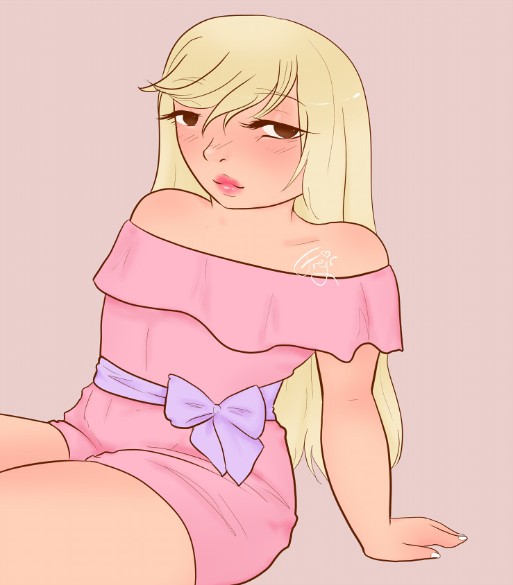 Lin from Hakata Tonkotsu Ramens, sitting, propped up by his arms slightly behind him. She's wearing a pink off-the-shoulder playsuit with a lilac ribbon around the waist.