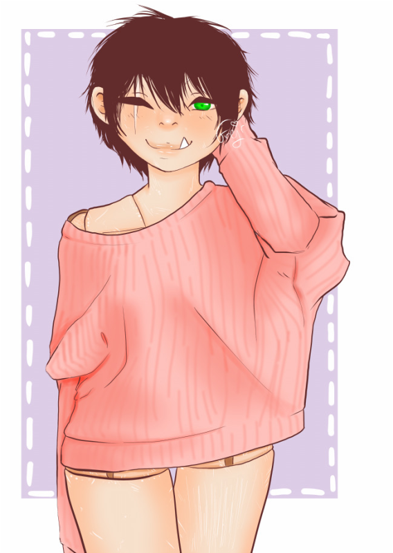 Sattsu from Replica wearing an oversized purple sweater. He's got one hand down and the other in his hair.