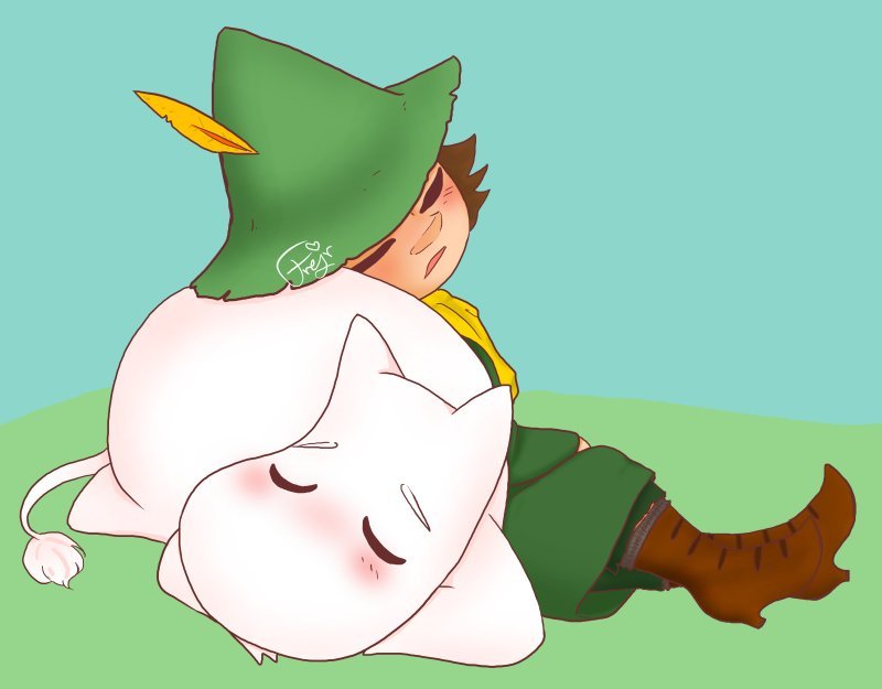 Snufkin and Moomin from Moomin sleeping, Joxter leaning against Moomin.