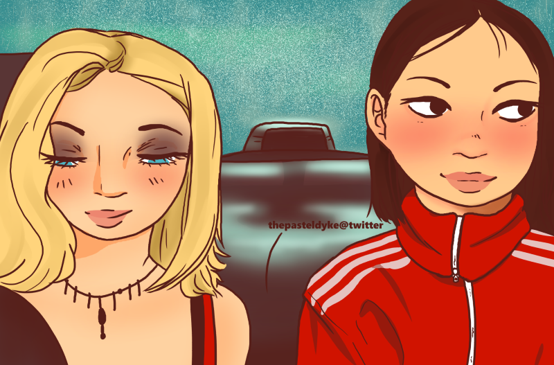 A redraw of a still from the movie Fucking Åmål. A blond girl, Elin, is on the left, looking downwards. A brunette, Agnes, is on the right, looking to the side. They're sitting in the backseat of a car.