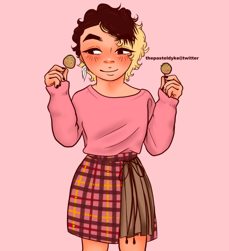Alain from Kamen Rider Ghost, holding takoyaki in both his hands, wearing a pink sweater and a pink tartan partial skirt over a pleated brown skirt.