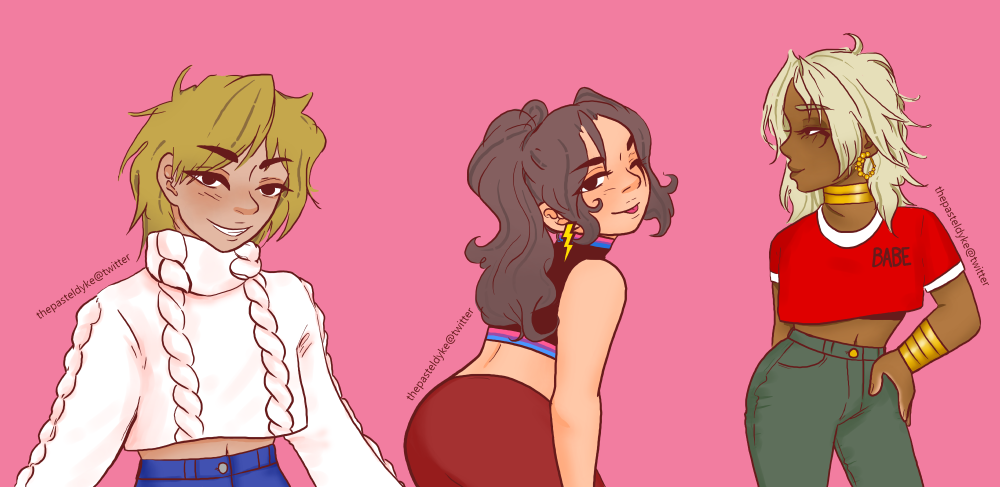Jonouchi, Otogi and Malik from Yu-Gi-Oh, wearing croptops. Jonouchi's is a white cableknitted croptop, Otogi a black turtleneck croptop with the bi flag as hem and collar, Malik a red cropped t-shirt with the word babe on it.