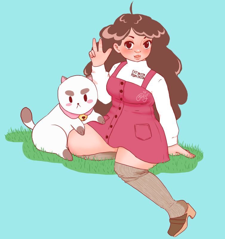 Bee and Puppycat from the show by the same name. They're sitting on a patch of grass, Puppycat with his front paws on Bee's leg. Bee is flashing a peace sign. She's wearing a dark pink dress over a white turtpeneck shirt and overknee lightbrown socks.