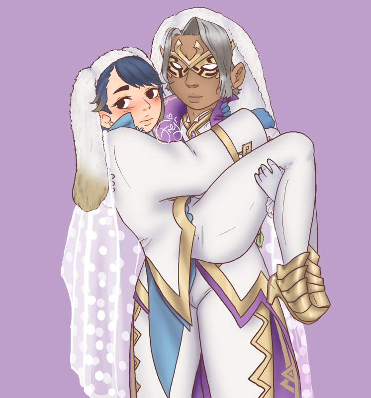 Alfonse and Bruno from Fire Emblem Heroes, dressed in their easter bunny outfits. Bruno is carrying a flustered Alfonse bridal style.