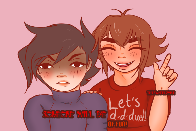 Chazz/Jun and Jaden/Judai from Yu-Gi-Oh GX. Judai is standing partially behind Jun, a hand on his shoulder, his other hand pointing in the air. Jun's expression is dark as he says 'someone will die', Judai smiling as he adds on 'of fun!' It's a redraw from Parks and Recreation.