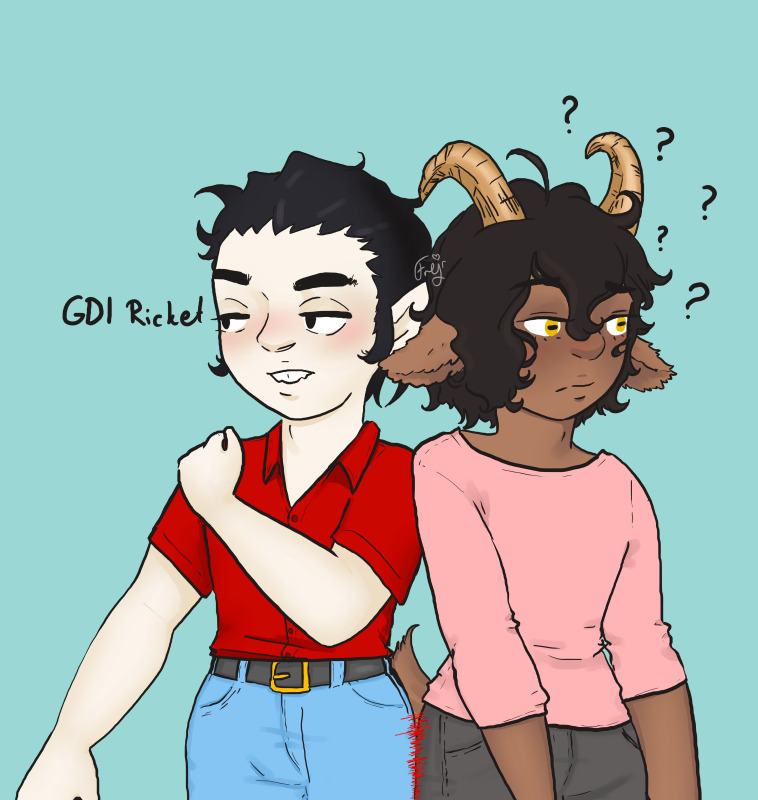 Clarence and Yahgie from the webcomic Devil's Candy with their jeans sewn together with thread by Ricket, due to a comment she made in one of the chapters.