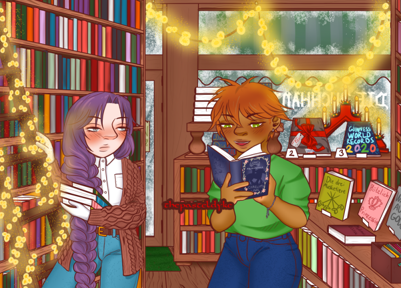 Eduard and Ludwig from the series Meine Liebe, in a modern setting. They're inside a Christmas decorated bookstore. Lui has one hand on a bookshelf ladder and a few books on his other arm. Ed is flipping through a book. Lui is wearing a buttonup shirt, a cardigan and jeans, Ed is wearing a baggy sweater with the sleeves rolled up and dark jeans.