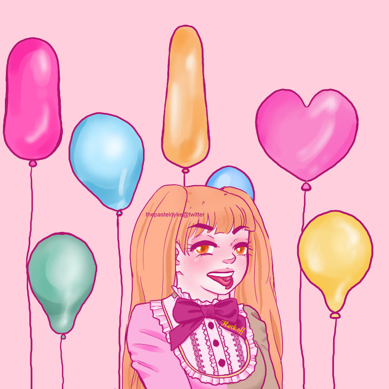 Hiyori from Code:Breaker dressed in a pink and brown lolita dress. She's sticking her tongue out, the tongue forked. Colourful balloons float behind her.