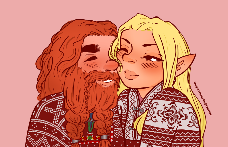 Gimli and Legolas from Lord of the Rings, nuzzling each other's faces, dressed in norwegian lusekofter.