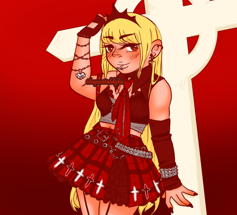 Redraw of a popular image by Suzuhira Hiro from the early 2000s. It's a blond girl with light skin dressed in goth 2000s fashion olding a big cross behind her.