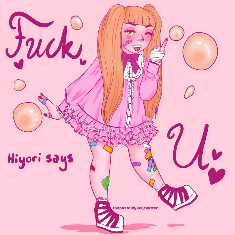 Hiyori from Code:Breaker dressed in a pink lolita dress giving the viewer the finger. Bubbles are floating around her, text reading 'Hiyori says fuck u'.