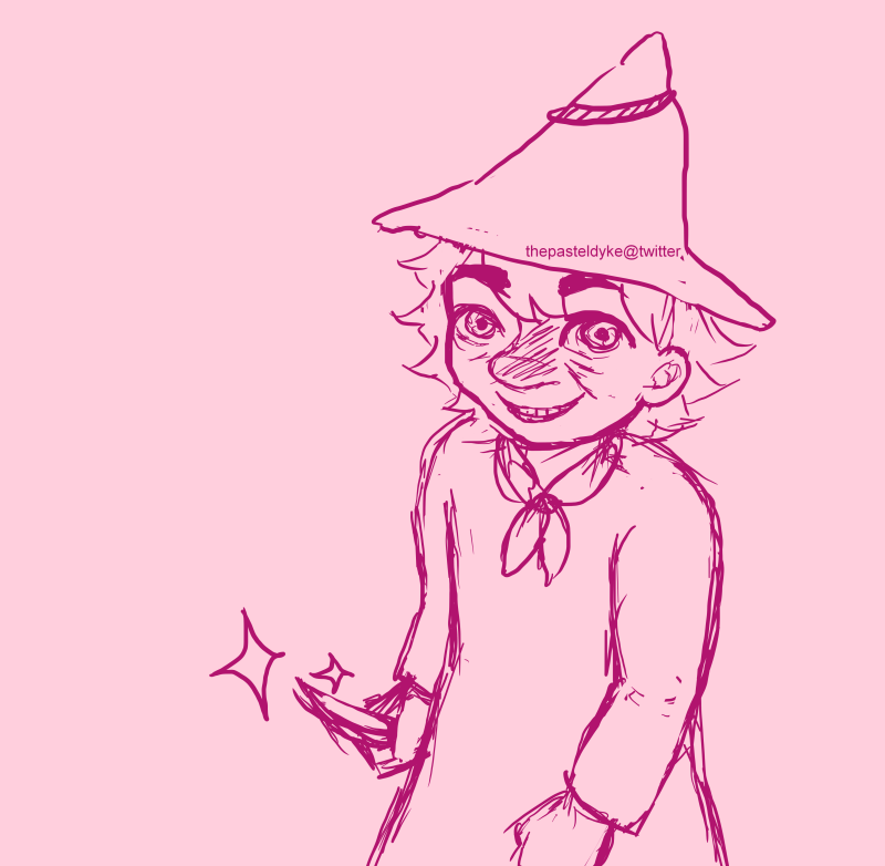 Rough doodle of The Joxter from Moomin grinning, brandishing a knife.