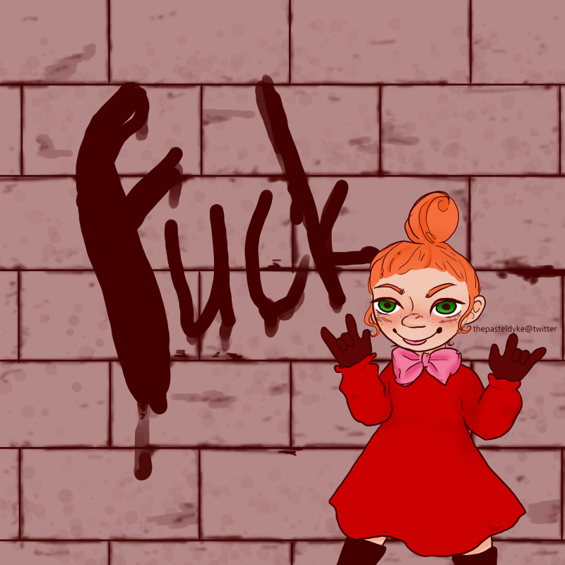 Little My from Moomin doing the devils horns symbol with both hands, sticking her tongue out. She's standing in front of a wall that has the word fuck painted on it.