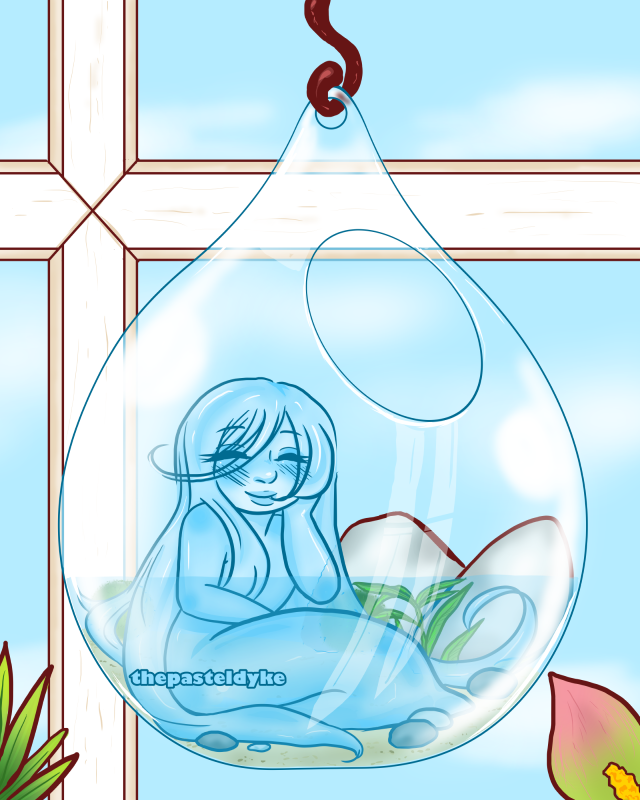 Mikuni from the series Merman in My Tub, tiny version, sitting inside a suspended terrarium, looking pleased.