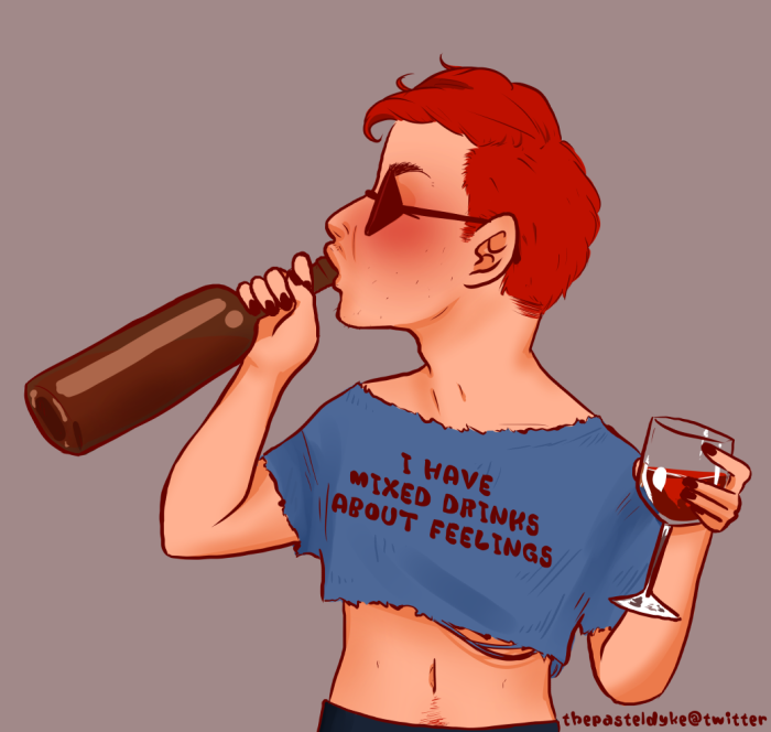 Crowley from Good Omens holding a glass of wine in one hand, but is drinking straight out of the bottle. He's wearing a shirt with the text 'I have mixed drinks about feelings'.