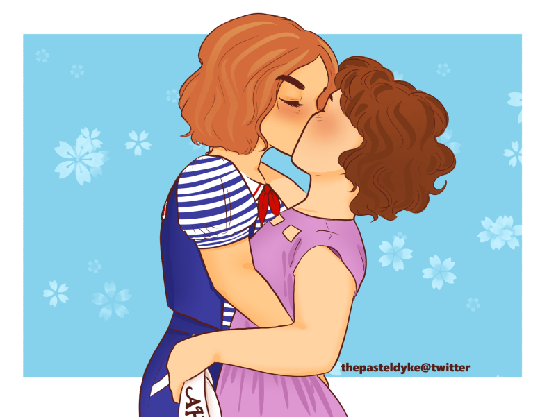 Nancy and Robin from Stranger Things, kissing. Robin is wearing her scoops ahoy uniform, Nancy is wearing a purple dress she wore in one of the seasons. She's holding Robin's hat in one hand, the other over Robin's shoudler. Robin has her arms around Nancy's waist.