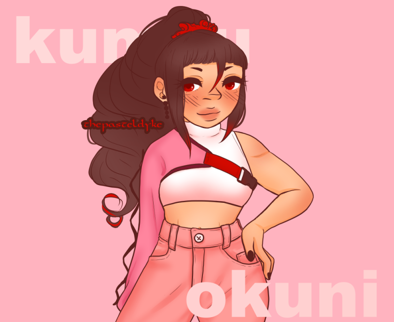 Kumou Okuni from the manga Rengoku ni Warau. She's got one hand on her hip, the other down by her side. She's wearing a white turtleneck croptop with no sleeves, highwaist pink trousers and a pink one-sleeve kind of thing.