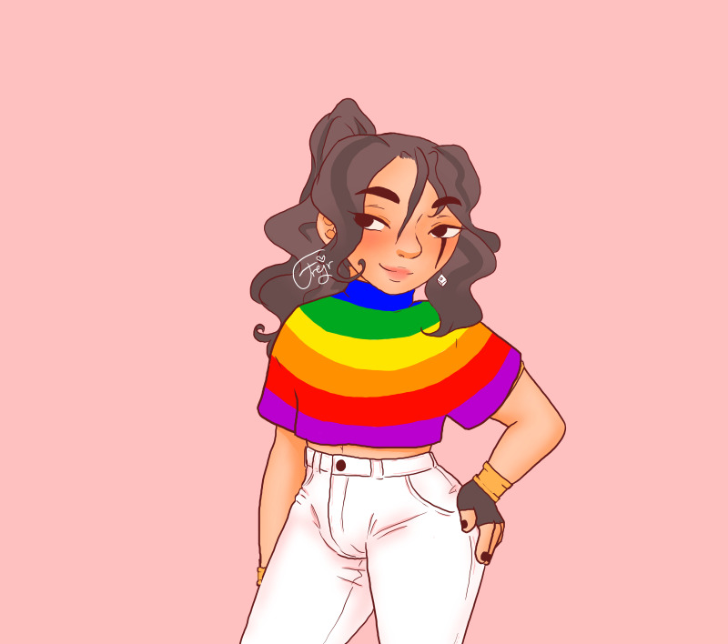 Otogi from Yu-Gi-Oh wearing a rainbow coloured turtlenecked cropped t-shirt and white jeans, one hand on his hip.