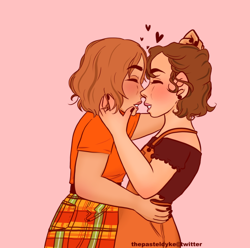 Nancy and Robin from Stranger Things, Standing close together. Nancy's hand is in Robin's hair, Robin has one at Nancy's hip, the other at the crown of her hair. They're almost kissing.