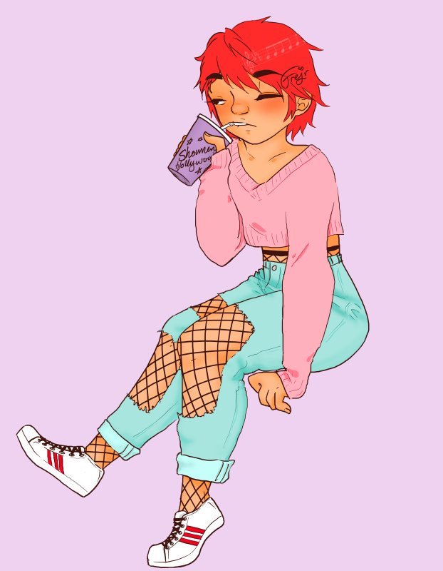 Shun from Shounen Hollywood drinking a soda, sitting down. He's wearing a pink cropped sweater and light turqoise jeans with holes so you can see the fishnets he's wearing underneath.