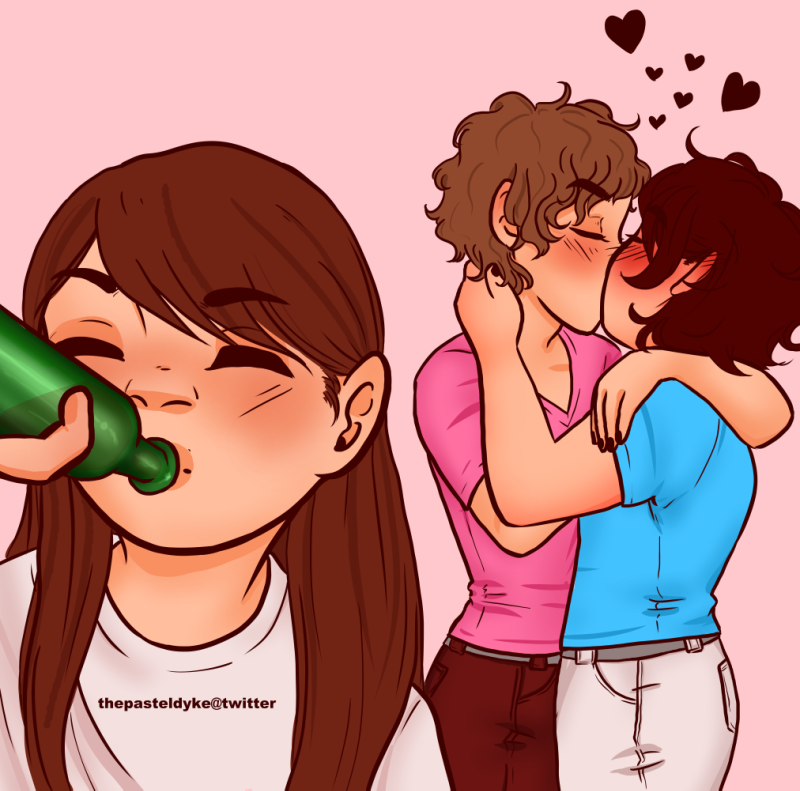 Natsumi, Tsukasa and Daiki from Kamen Rider Decade. Tsukasa and Daiki are kissing in the background, arms around each other, while Natsumi is drinking straight from a bottle in the foreground. Natsumi is wearing a white shirt, Tsukasa a magenta and Daiki a cyan shirt.