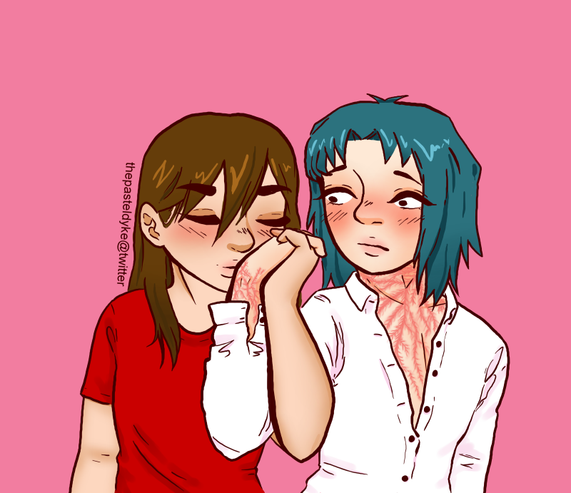 Atticus/Fubuki and Zane/Ryo from Yu-Gi-Oh GX. Fubuki is kissing Ryo's wrist that is sarred from the electric collars/bracelets. Ryo also has scars on his neck stretching down his chest. Ryo looks flustered.