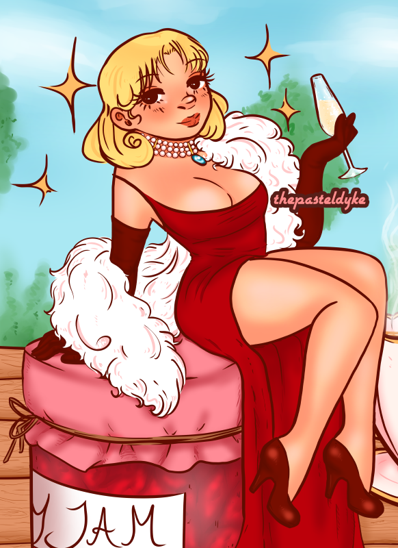 Agape from Shirogane no Karasu, dressed in a red gown, dark gloves and a fluffy boa, a glass of champagne in one hand. She's sitting on top of a jar of jam.