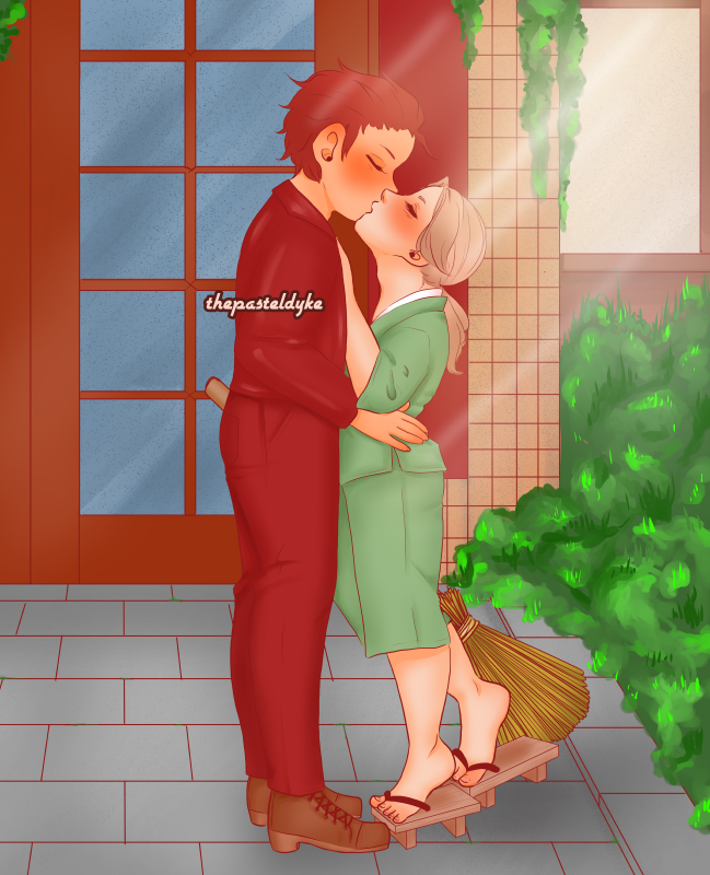 Akira and Reimei from Elegant Youkai Apartment Life, standing in front of the apartment building, kissing. Reimei has a broom in one hand, his other hand on Akira's chest, while Akira's hands are at Reimei's hips.