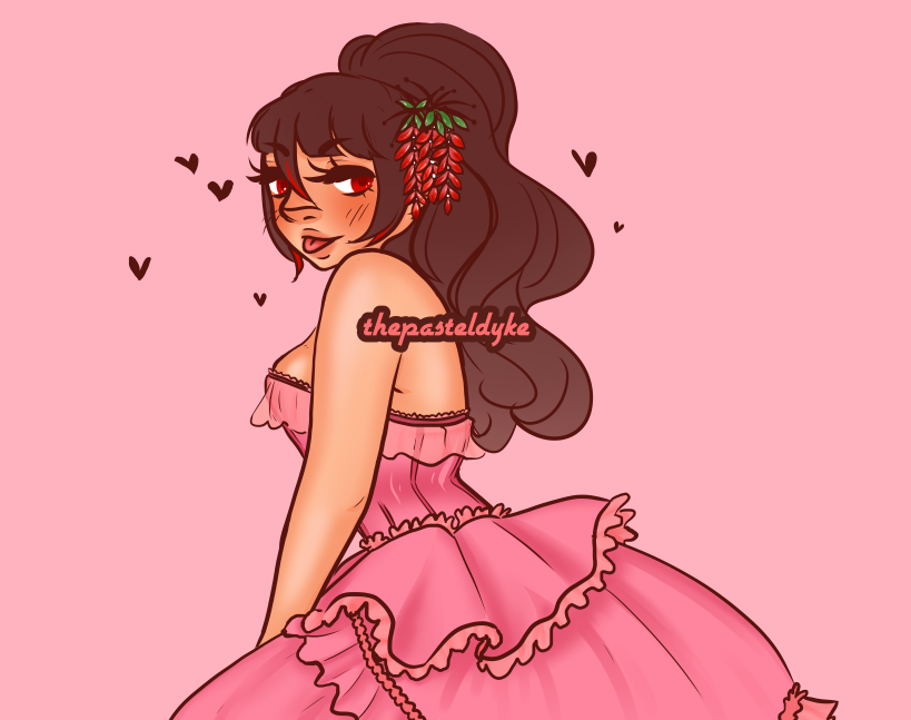 Okuni from Rengoku ni Warau, wearing a pink dress and corset, looking over her shoulder and sticking out her tongue, teasing smile on her face.