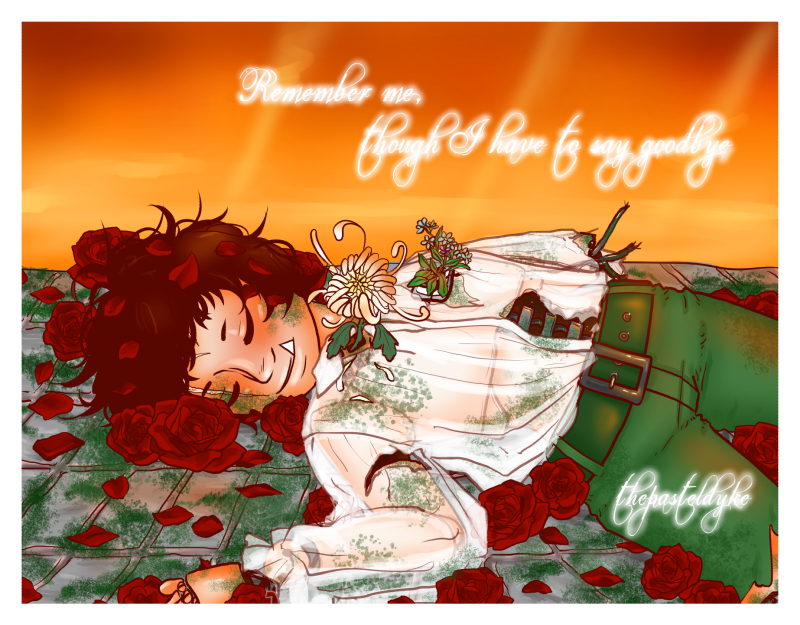 Sattsu from Replica, broken apart, one arm and parts of his stomach plates missing. He's lying down, eyes closed, flowers strewn around and on top of him. Text on the image reads 'remember me, though I have to say goodbye'.