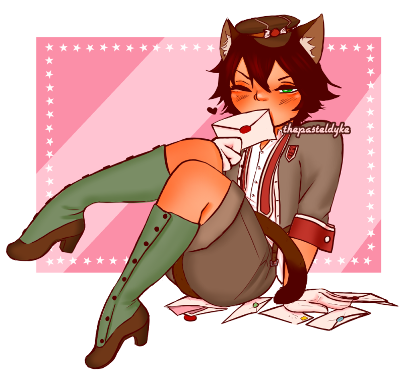 Ranpo from Bungo Stray Dogs dressed as a postman with cat ears and tail. He's sitting down, knees drawn semi-close to his chest. He's kissing a letter in his hand, sitting on top of a pile of other letters.