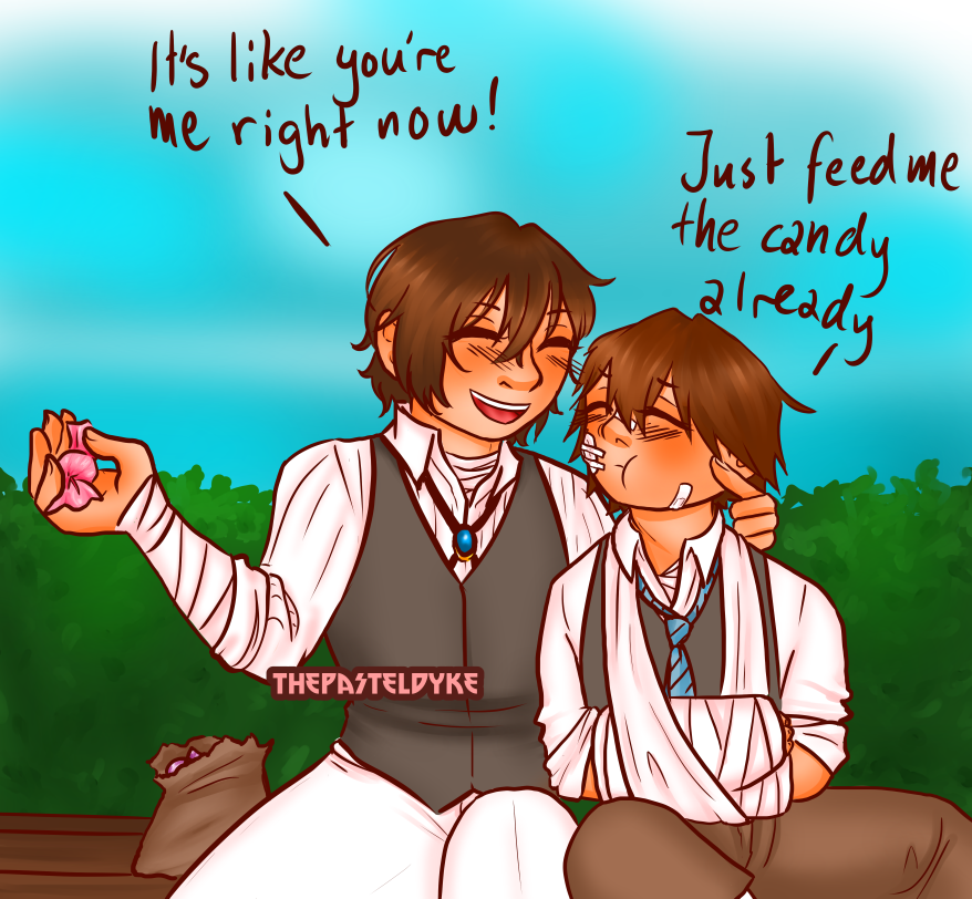 Dazai and Ranpo from Bungou Stray Dogs, sitting next to each other on a bench. Ranpo's arms are in casts, and he's got plasters on his cheeks. Dazai pokes Ranpo on the cheek, his other hand holding candy. Dazai says 'It's like you're me right now!', Ranpo, cheeks puffed in annoyance, says 'Just feed me the candy already'.