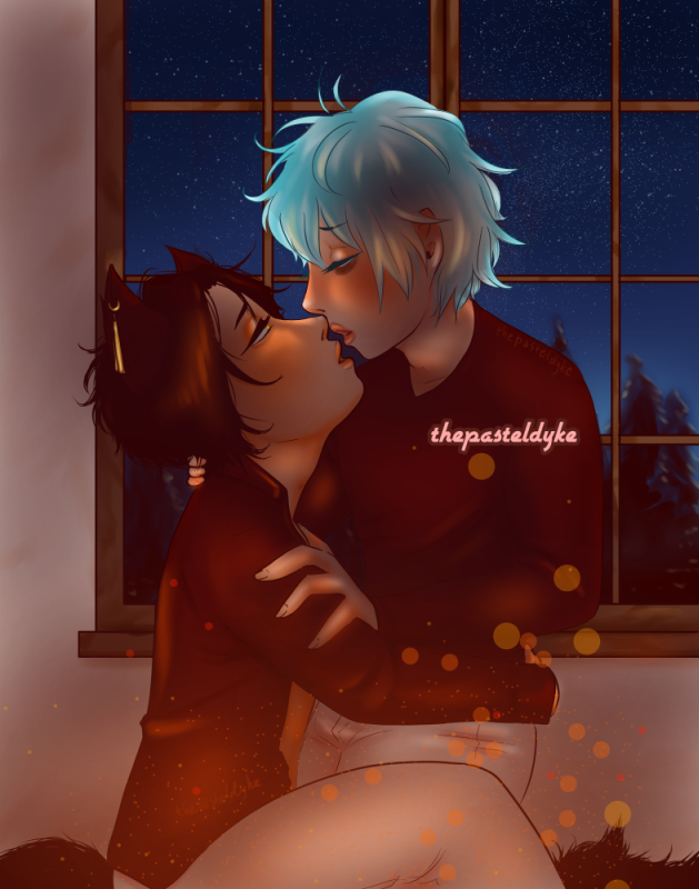 Gear and Kuro from Servamp, Gear sitting down, Kuro on his knees in front of him. Gear's arms are around Kuro's waist, one of Kuro's hands resting on Gear's arm, the other in his hair. They're almost kissing, a moonlit window beind them, lit by a fireplace in front of them.