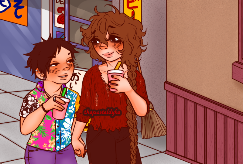 Hokuto and Rasu from Countdown 7 Days, walking outside down the street, holding hands. In their other hands they're holding drinks. They're looking at each other, smiling, faces a bit flushed. Rasu is wearing a worn red shirt and black jeans, Hokuto wearing a multicoloured Hawaiian shirt and purple jeans.