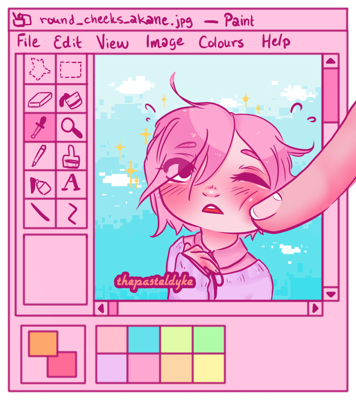 Akane from Horimiya, drawn chibi style inside a frame that looks like MS Paint. A finger reaches inside the frame to poke him on the cheek, Akane blushing. He's wearing a lilac cardigan over a pink buttonup shirt.