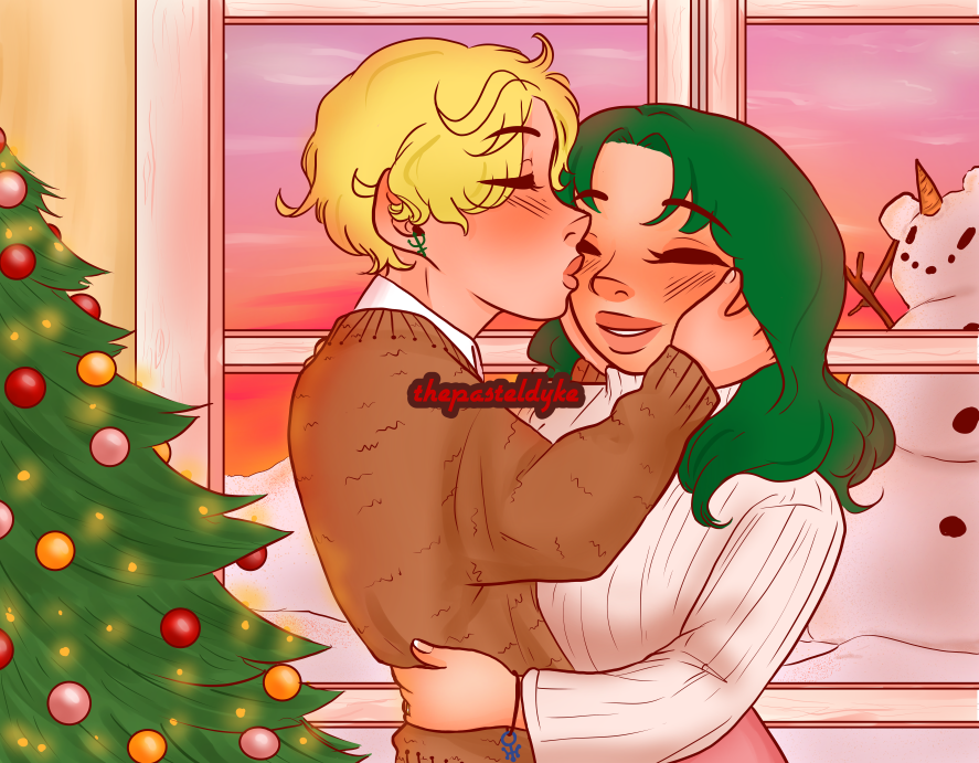 Haruka and Michiru from Sailor Moon, standing in front of a window, a snowman outside. There's a christmas tree inside. Michiru's arms are around Haruka's waist, Haruka's cheeks cupping Michiru's cheeks as she kisses Michiru on the cheek, making Michiru laugh. Haruka is wearing a brown cardigan over a white shirt, Michiru a white shirt and a pink skirt.