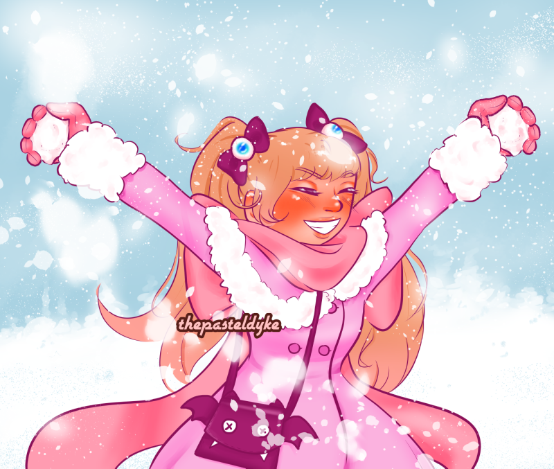 Hiyori from Code:Breaker, dressed in a pink lolita winter coat, arms stretched out  where she's holding snowballs in both of her hands. She's grinning.