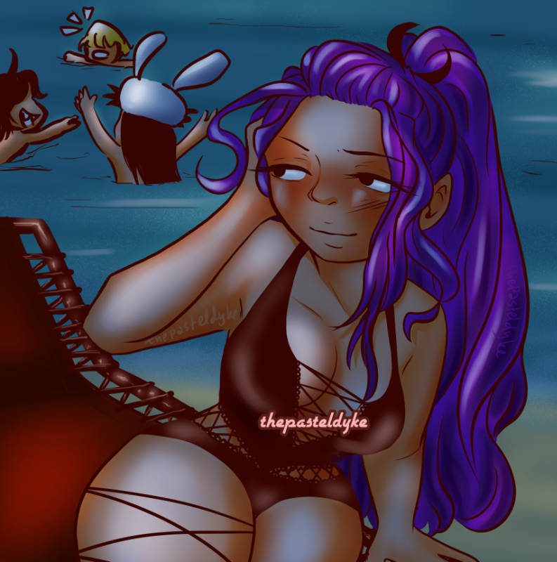 Freya from Servamp in the foreground, sitting on a beach chair on a moonlit beach, wearing a dark swimsuit, pushing her hair out of her face as she looks over her shoulder into the water where Izuna, Gil and Ray are playing.