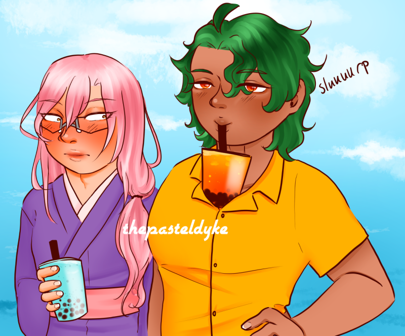 Cherry and Joe from Sk8 the Infinity standing next to each other. Cherry is carrying a boba tee cup in his hand as he stares, flustered, at Joe's chest where he's propped his own cup of boba tea between his pecks to drink it with no hands.