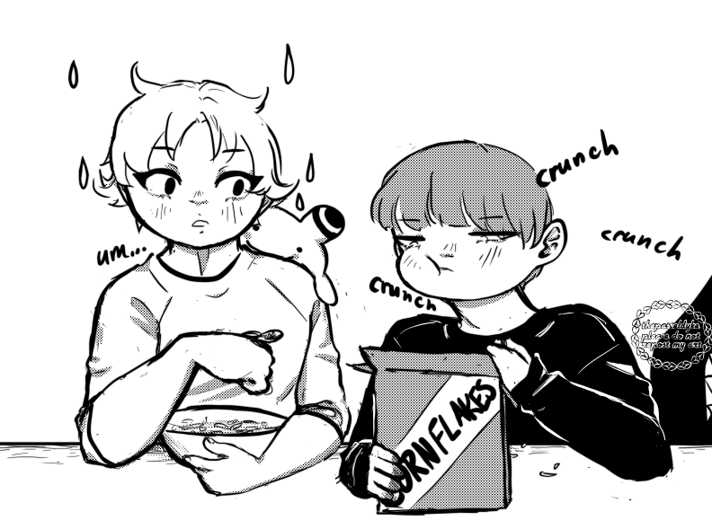 Doodle of Rei and Tobi from the manga Kara no Kioku. They're sitting by a table, Rei eating a bowl of cereal while Tobi is eating cornflakes straight out of the box. Q-ta is peeking over Rei's shoulder.