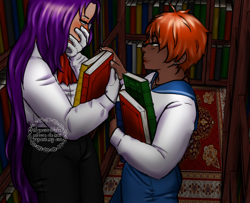 Ludwig and Eduard from Meine liebe, in a corner of the library. They're carrying books, Ed standing close to Lui as hetraces the books Lui is holding. Lui is hiding the lower part of his face in his hand. The room is dimmly lit.