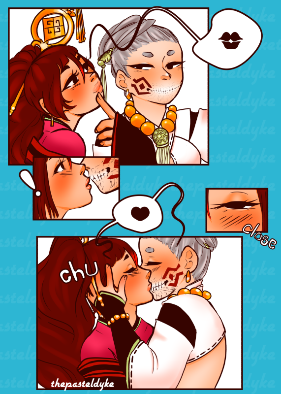 Mini comic of Okuni and Gengetsu from Rengoku ni Warau. In panel one Okuni is tapping her lips, asking for a kiss. In panel two Gengetsu comes close to her face. Panel three shows Okuni's eye closing. Panel four is of them kissing.