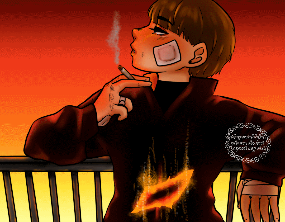 Gif of Tobi from Kara no Kioku, leaning against a railing while the sun sets, a cigarette between his fingers as he looks off to the side. There's a hole in his stomach that glows orange, a reference to the How To Eat Life music video by Eve.