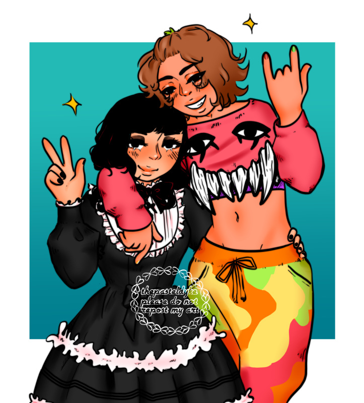 JK and Tomoko from Kamen Rider Furze. JK's arm is slung over Tomoko's shoulder while Tomoko's arm is around JK's waist. Tomoko is dressed in a goth lolita dress, flashing a peace sign while JK is wearing a pink croptop with monster teeth and brightly coloured baggy trousers, flashing the devil's horn.