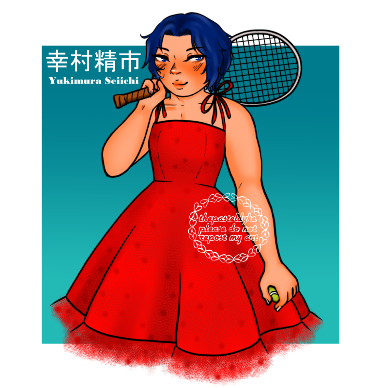 Yukimura from Prince of Tennis, dressed in a sleeveless red dress, a tennisracket over his shoulder and a tennisball in his other hand.