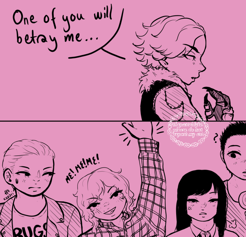 Doodled two-panel comic of the Greeed from Kamen Rider OOO, the background a pink shade, the lines in black. In the top panel shows Ankh in human form from the shoulder up, turned to the side, looking serious as he says 'One of you will betray me...' The bottom panel shows Uva, Kazari, Mezool and Gamel in their human forms, Uva sweatdropping, Kazari grinning, Mezool looking annoyed and Gamel confused. Kazari has his hand raised, text next to him reading 'Me! Me! Me!' Small text next to Uva reads 'ffs Kazari'. The image is a redraw of an incorrect quotes post off tumblr.