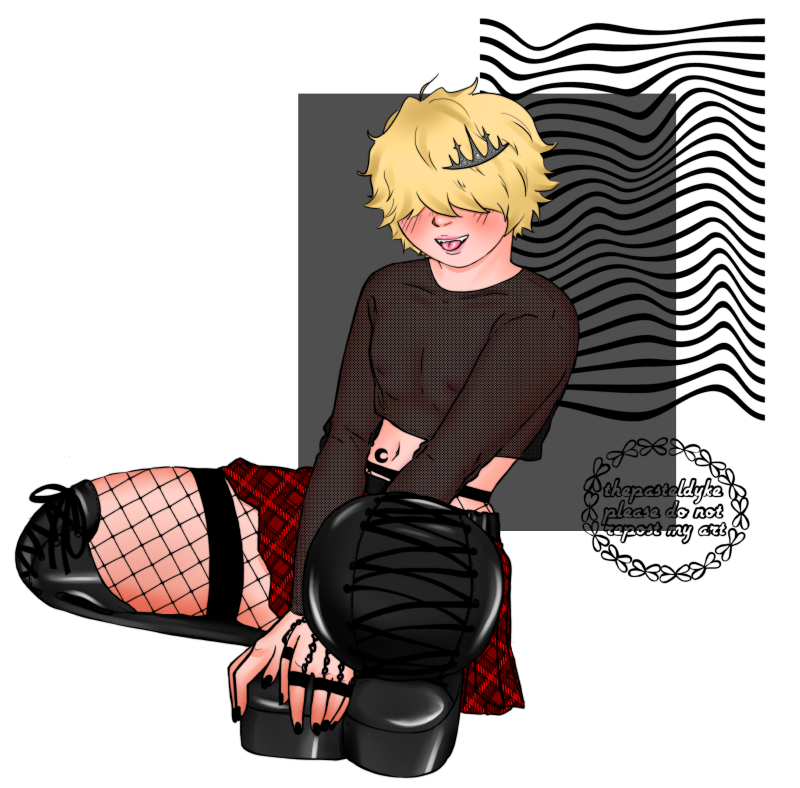 Fullbody drawing of Ten Years Later Belphegor from the anime/manga Katekyo Hitman Reborn. He's crouching, his hands resting on the toe of one of his boots. He's grinning, sticking his tongue out. He's wearing a sheer black croptop, fishnets, thigh-high boots and a tartan-patterend pleated skirt.